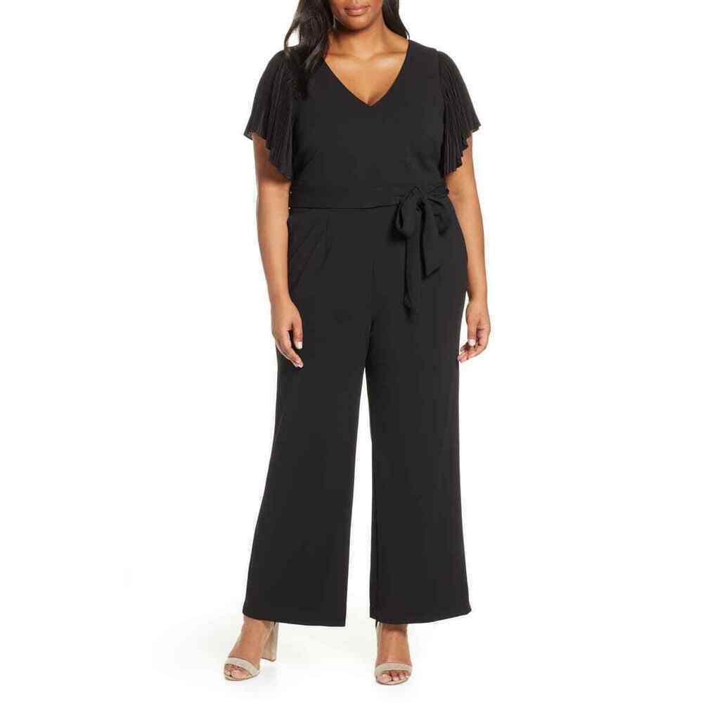 Eliza J Women's Pleated Flutter Sleeve Wide Leg Jumpsuit In Black Plus Size 24W
